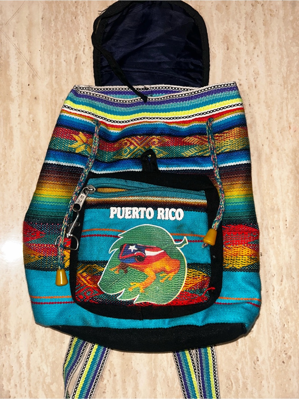 Handmade Puerto Rico Mini Backpack Coqui Frog Serape Drawstring Boho Bag